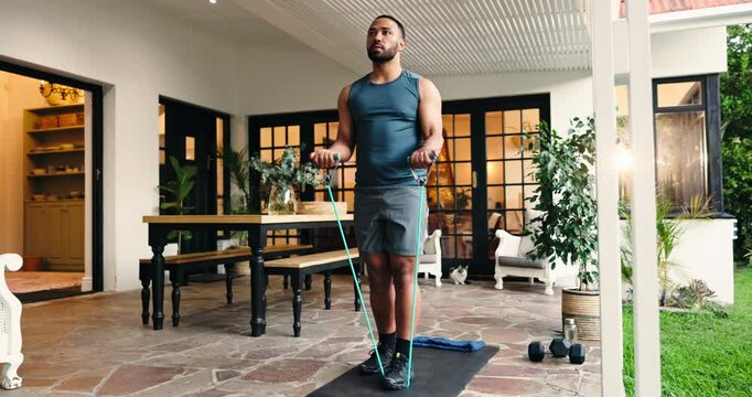 Biceps, resistance band or man in home for workout, arm muscle training or smart watch app. Fitness, healthy or person with exercise equipment to warm up, track progress or performance in house gym