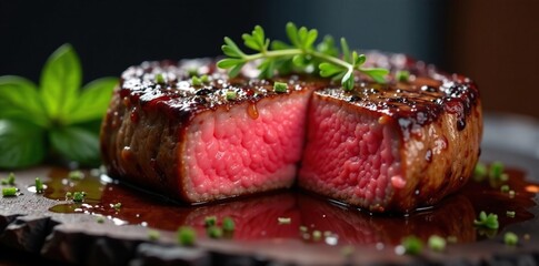 Sizzling steak reveals perfectly pink interior, rich juices flow , eating, butcher, pink
