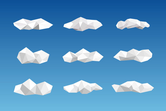 Set of White Low Poly Clouds on Gradient Sky Background &ndash; 3D Geometric Cloud Collection