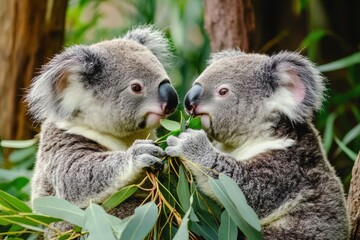 Obraz premium Two koalas enjoying eucalyptus leaves in a wildlife reserve in Australia during daytime, Two Koalas eating leaves in wildlife reserve in Australia