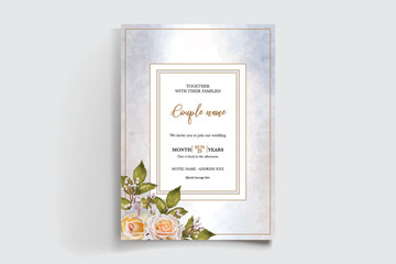 WEDDING INVITATION FRAME WITH FLOWER DECORATIONS AND FRESH LEAVES