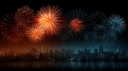 Fireworks cityscape night celebration colorful skyline festive reflection urban river