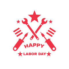Minimalist Labor Day vector art with crossed wrench and screwdriver tools, red accents, and stars. Perfect for union events, banners, and American work-themed designs.