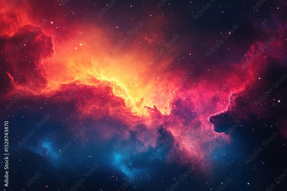 Wall mural vibrant interstellar nebula showcasing fiery oranges and cool blues in a cosmic expanse, vibrant int