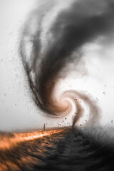 Swirling tornado, dramatic sky, flying debris, intense wind, rural landscape, danger
