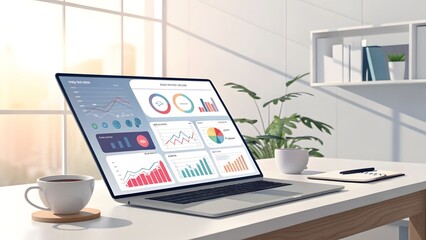Laptop displaying business analytics dashboard in modern office