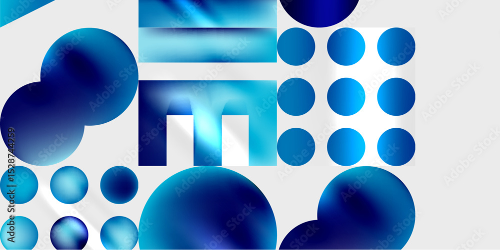 Poster Abstract composition. Blue spheres, rectangles, dots create dynamic visual arrangement. Modern design, clean aesthetic.