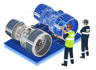 Engineers using virtual reality to interact with a digital twin of a jet engine for advanced diagnostics and predictive maintenance in industrial settings