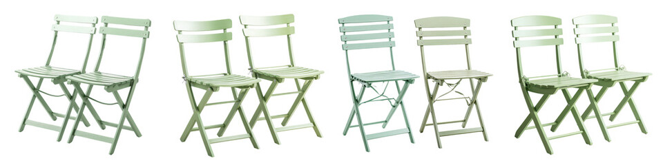 Rows of modern folding green metal chairs for outdoor patio or garden seating