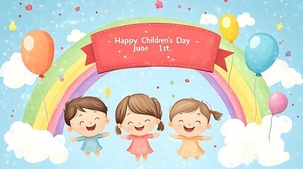 A simple cartoon vector of three smiling kids under a red banner saying "Happy Children's Day – June 1st", rainbow spanning behind them, colorful balloons in the blue sky, clean 2D design, soft lines,
