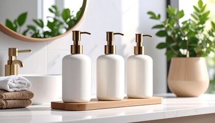 Elegant Bathroom Vanity White Soap Dispensers on a Wooden Tray with Greenery.