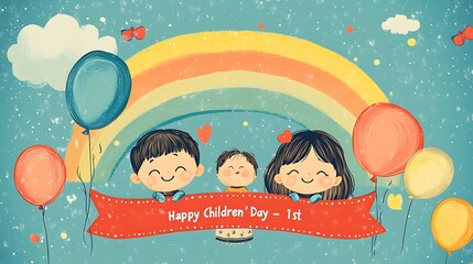 A simple cartoon vector of three smiling kids under a red banner saying "Happy Children's Day – June 1st", rainbow spanning behind them, colorful balloons in the blue sky, clean 2D design, soft lines,