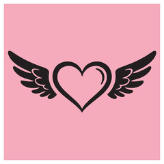 Black heart with wings symbol of love and freedom on a pink background