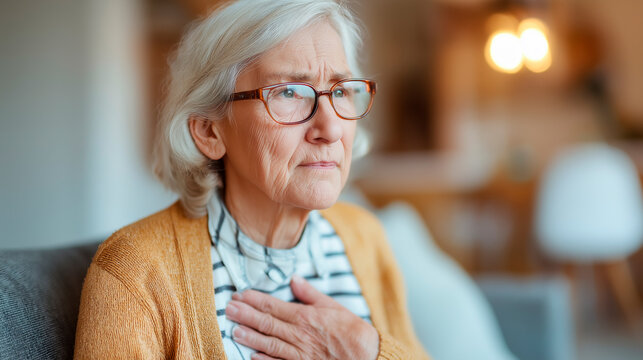 Senior woman experiencing chest pain on sofa, checking health alerts