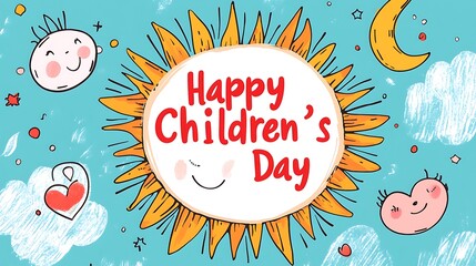 Clean vector illustration with a circular sun icon containing a subtle pen-drawn baby face, simple and smiling, placed directly above large red script "Happy Children’s Day",