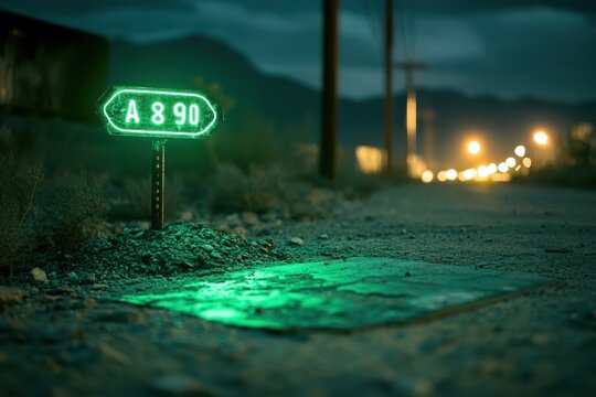 Alien green glow reveals area sign beneath soil during nighttime exploration, Area 51 Sign Revealed Under Soil In Alien Green Glow