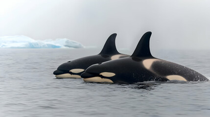 Fototapeta premium Two Orcas Swimming Near Icebergs In Antarctic Waters