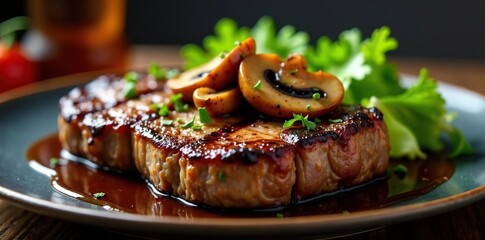 Juicy grilled steak with saut?ed mushroom & caramelized onion garnish, eating, onion