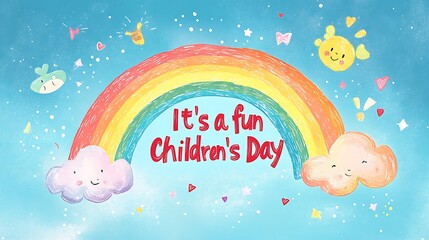 Flat 2D vector illustration with a hand-drawn rainbow arch above red handwritten text "It's a fun Children's Day", soft pastel blue background, minimal clouds floating,