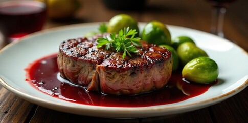 Perfectly cooked rib-eye steak with rich red wine reduction and Brussels sprouts, food photography, ribeye steak