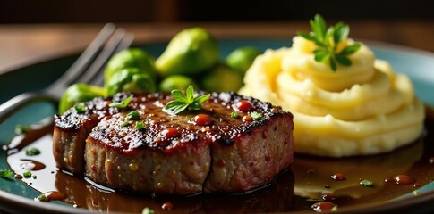 Perfectly seared steak, crispy sprouts, creamy mashed potatoes , foodie, plated meal, comfort food