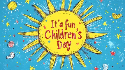 Flat hand-drawn vector logo showing a smiling sun with sketchy yellow rays, surrounded by fun doodles and sparkles, centered playful red text reading "It's a fun Children's Day",