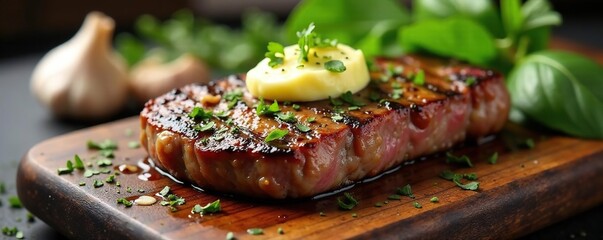 Sizzling steak, herb butter, rustic board, garlic cloves, garlic, organic