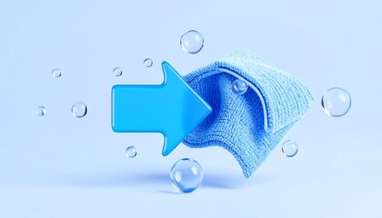 Blue cleaning glove with blue arrow pointing up representing deep cleaning and stain removal on fabric surface