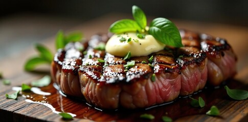 Perfectly grilled steak, herb butter, crispy grill marks, juicy, healthy