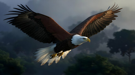 Fototapeta premium Pixelated Eagle In Flight Over Misty Forest