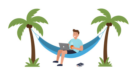 Cartoon Freelancer Working on Laptop in Hammock - Remote Work Concept