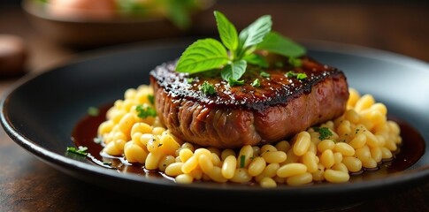 Juicy steak, rich risotto, glossy balsamic, elegant presentation, risotto, foodphotography, darkplate