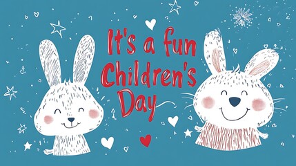 Hand-drawn style vector illustration of animal mascots (bear and bunny) looking over red sketchy text "It's a fun Children's Day", baby blue background, scattered white doodle stars and hearts,
