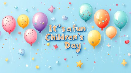 Hand-drawn vector style letters in the form of colorful balloons forming the words "It's a fun Children's Day", each balloon floating freely with thin white strings,