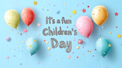 Hand-drawn vector style letters in the form of colorful balloons forming the words "It's a fun Children's Day", each balloon floating freely with thin white strings,