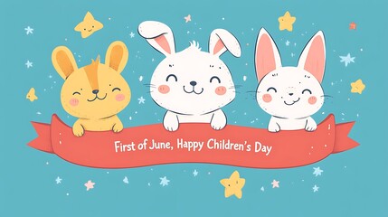 Minimalist 2D flat vector artwork showing animal mascots (bunny, bear, cat) happily marching below a curved red ribbon with the message "First of June, Happy Children's Day",