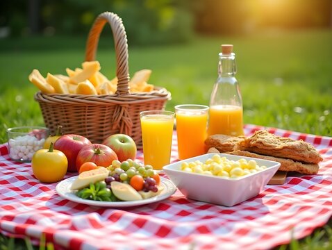 Summer picnic red and white checkered tablecloth, abundant food and drinks outdoors