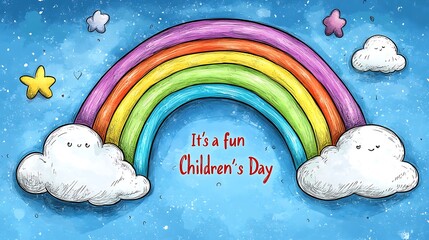 Minimalist 2D vector logo of a hand-sketched rainbow over playful red hand-lettered text "It's a fun Children's Day", crayon style, simple white clouds floating in a clear blue background,