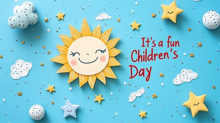 Minimalist flat vector design with a cute hand-drawn sun, radiating joy, playful red handwritten typography "It's a fun Children's Day" at the center, soft blue background,