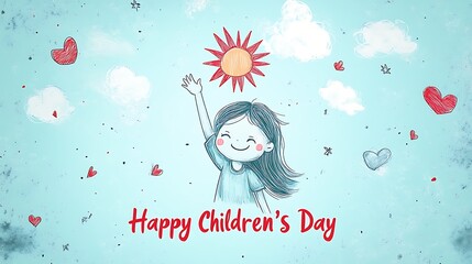Minimalist flat vector illustration on a pastel blue background, red hand-lettered text "Happy Children’s Day" centered at the bottom,