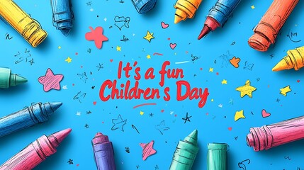 Minimalist flat vector illustration with bold crayon circle border made of multicolored strokes, playful doodles like stars and hearts filling the space,