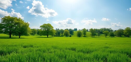 Obraz premium Lush green field dotted with trees under a bright sky, spring, background
