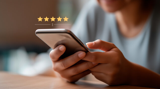 Happy customer giving 5-star rating on phone survey for online service