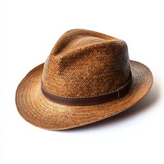 Brown straw fedora hat with leather band isolated on white background