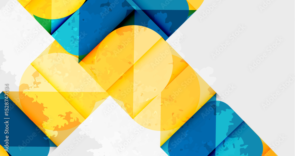 Poster abstract geometric design. overlapping shapes create textured, colorful pattern. yellow, blue, white