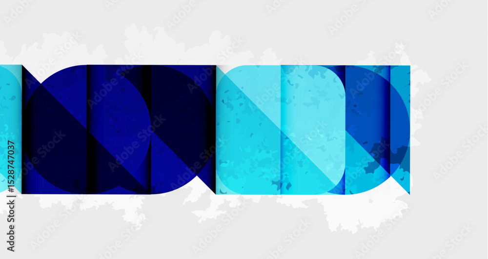 Aufkleber Abstract graphic design featuring layered blue rectangles forming text. Minimalist style with textured overlay, clean presentation.