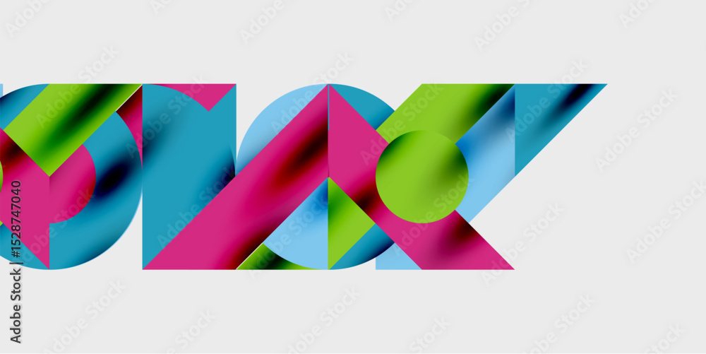 Poster abstract geometric shapes overlap, creating vibrant colorful design. gradient hues blend within tria