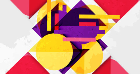 Abstract geometric composition. Yellow, purple, red shapes overlap creating dynamic visual effect. Modern design elements present.