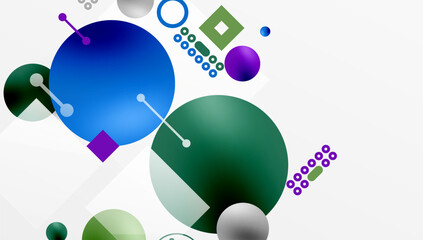 Abstract composition. Circles, squares, lines create dynamic visual experience. Colors blend, overlap, forming modern design.