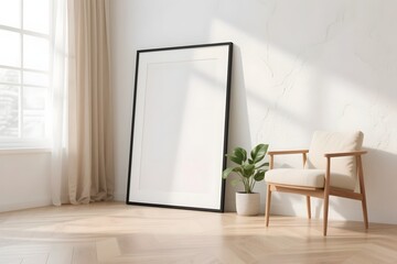 Minimalist Interior Scene with Blank Frame Mockup in Natural Sunlight